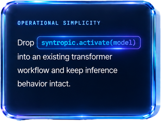 Operational simplicity — drop syntropic.activate(model) into an existing transformer workflow and keep inference behavior intact
